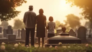 Família de mãos dadas diante de um túmulo em cemitério durante visita em homenagem ao ente querido.